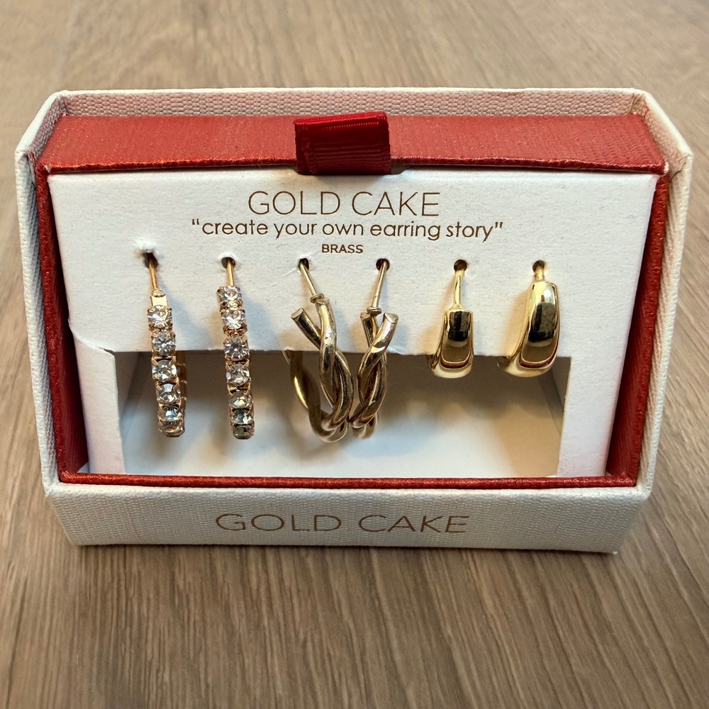 Gold Cake‎ 3 Pair Earring Set Gold Brass Twisted Crystal Polished Hoop Huggies
